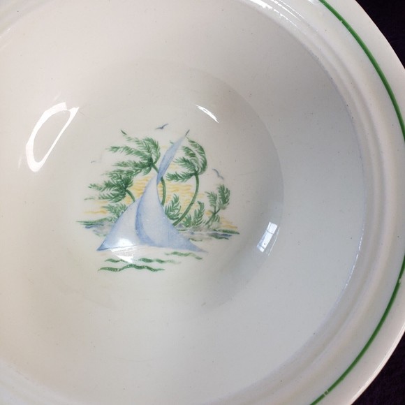 2 Vtg Steubenville "Sandra" Soup/Cereal Bowls USA Sailboat Palm Trees Art Deco - Picture 4 of 7